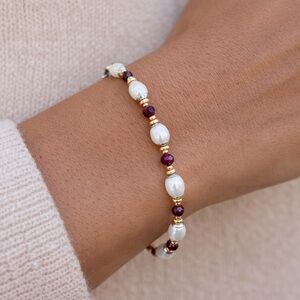 Ruby & Freshwater Pearl Mixed Metal Artisan Bracelet - Stainless Steel & Copper